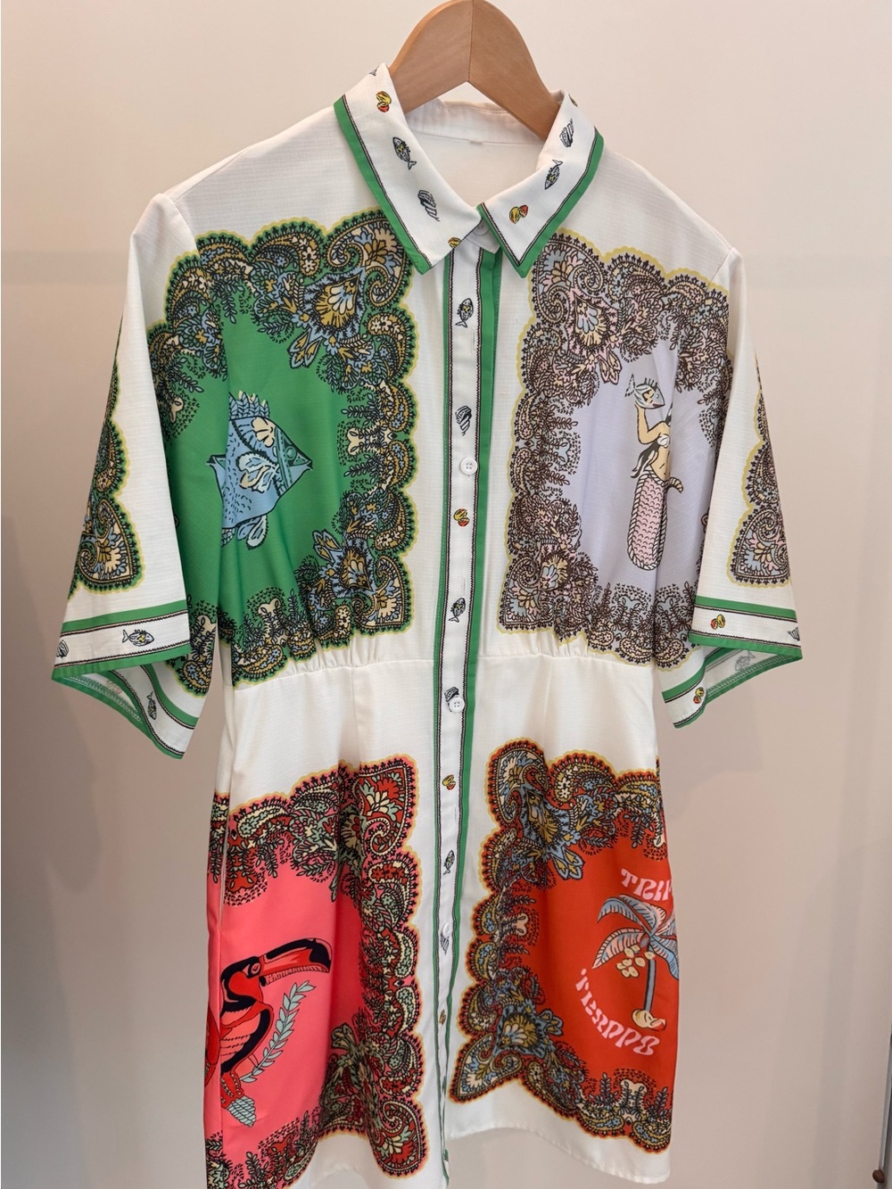 Men's Short-Sleeve Printed Shirt Dress in Green, White & Orange